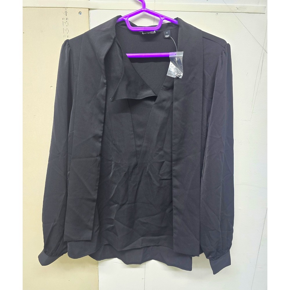 peace love world Womens Black V-Neck Long Sleeve Woven Polyester Blouse S